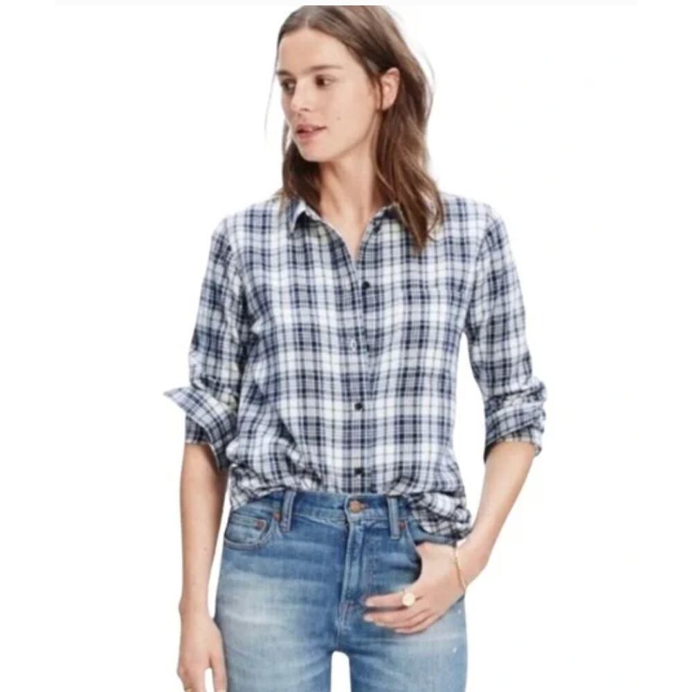Madewell Top Women X Small‎ Lawton Blue Plaid Flannel Button Down Long Sleeve